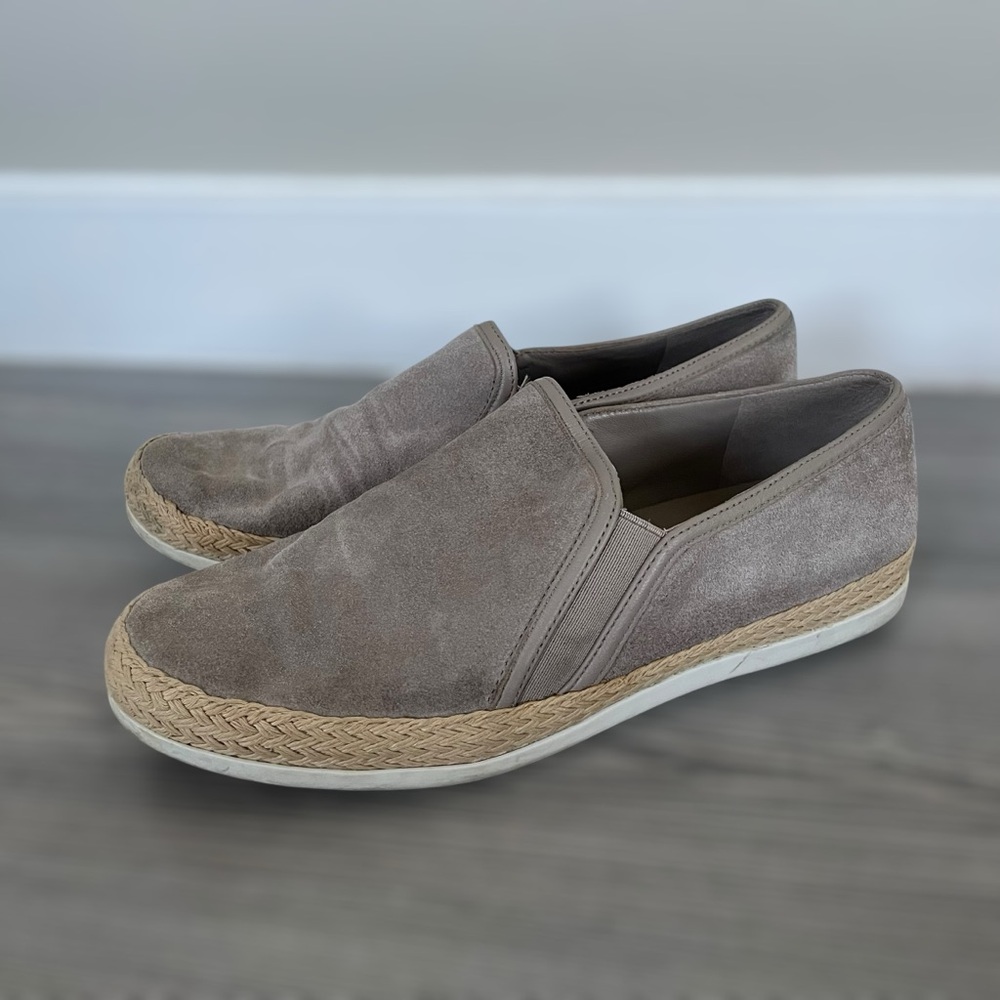 Vince Suede Gray Slip On Flats Embroidered with Woven Straw - Size 6